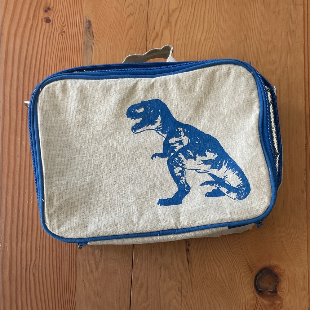 Canvas Dinosaur Lunch Bag with Blue Trim